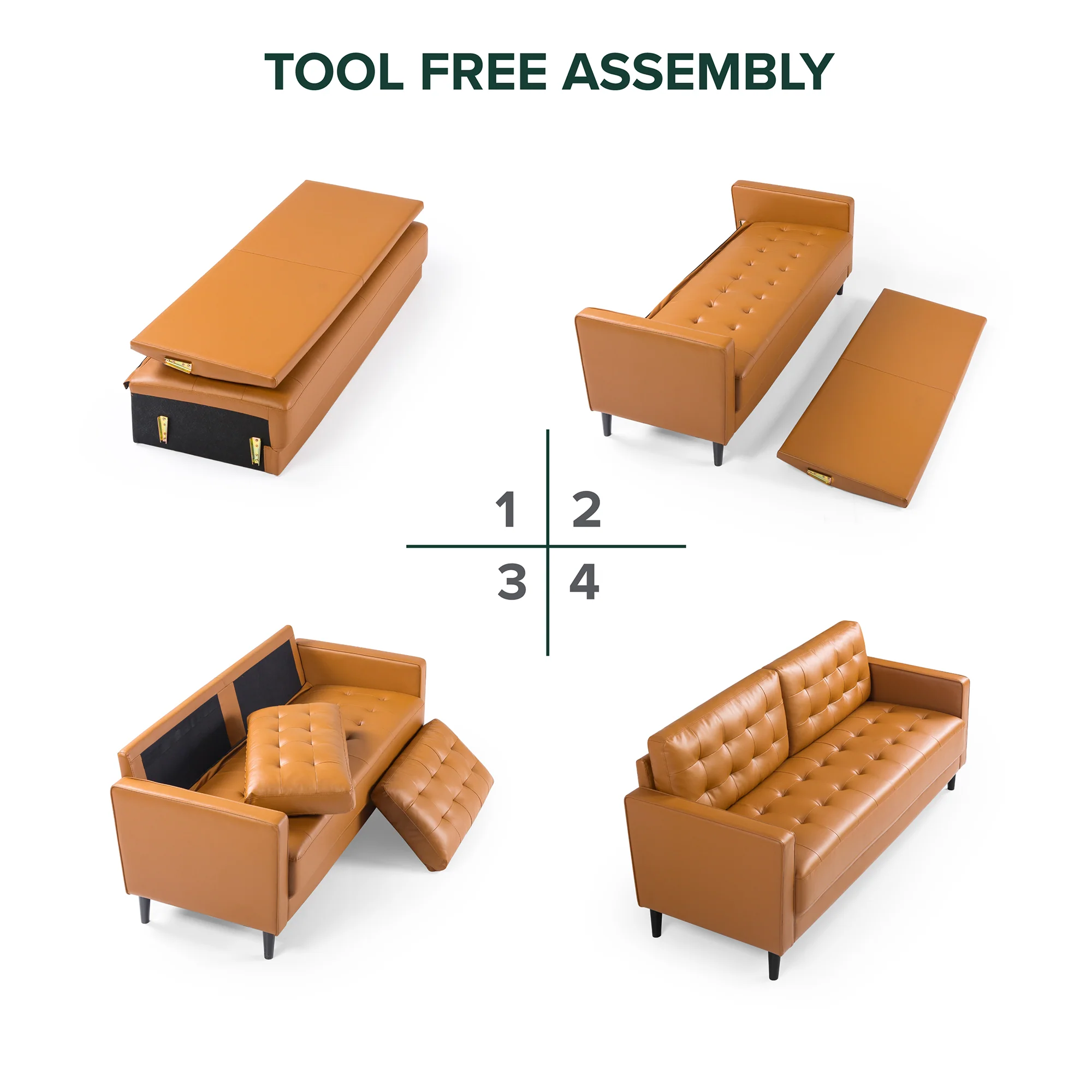 Benton Mid-Century 3 Seater Sofa - Cognac Faux Leather - Image 11
