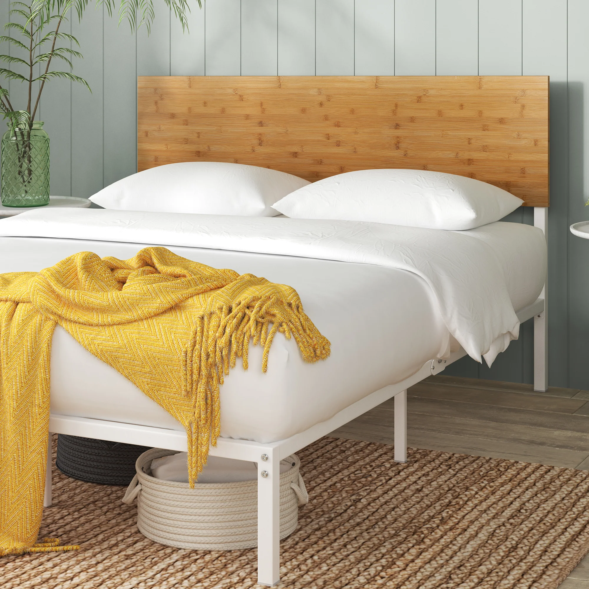 Figari Bamboo & Metal Bed Frame with Adjustable Headboard - White - Image 3