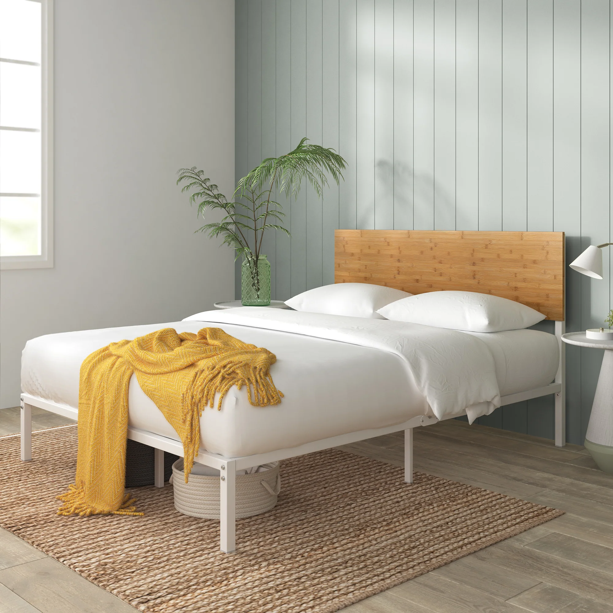 Figari Bamboo & Metal Bed Frame with Adjustable Headboard - White - Image 4