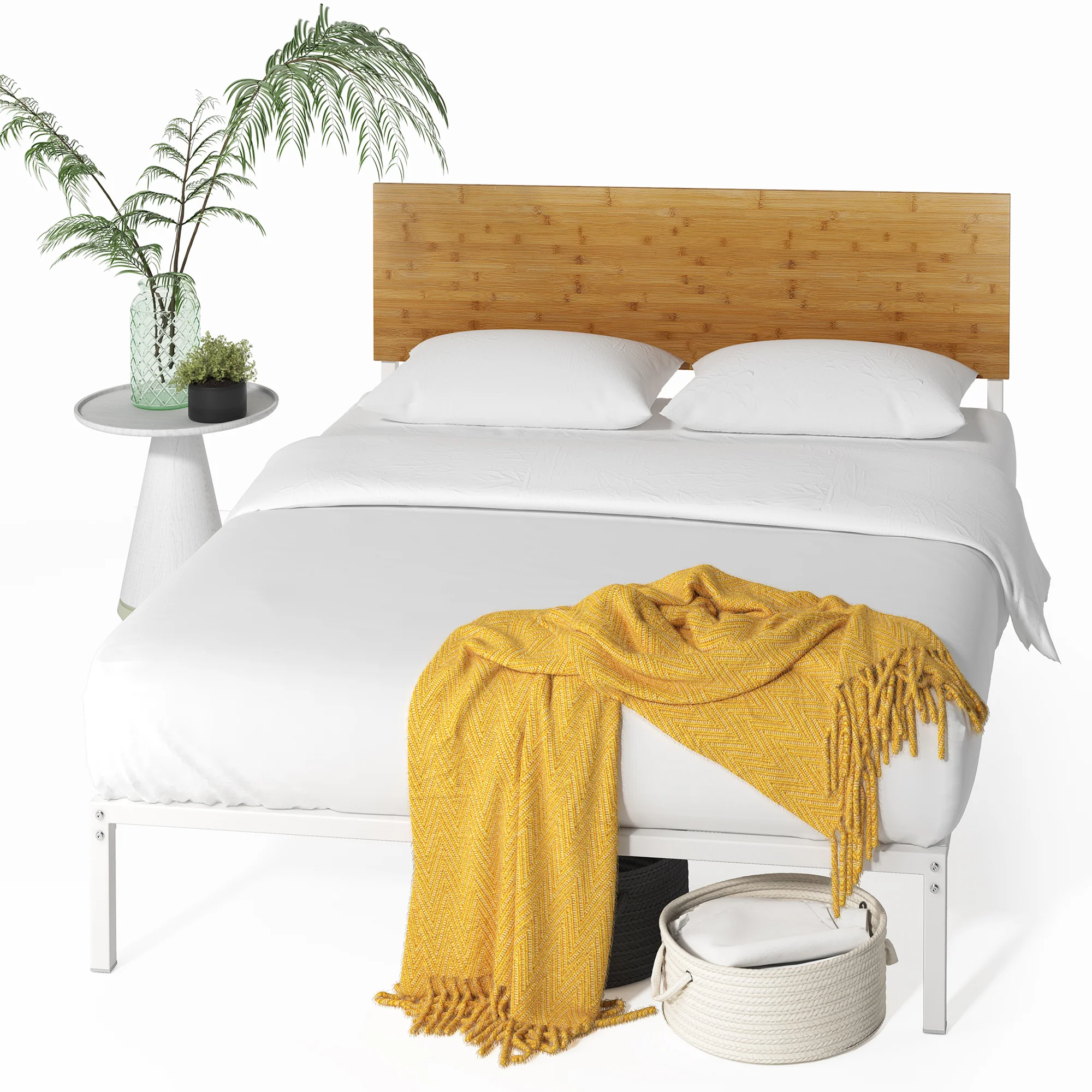 Figari Bamboo & Metal Bed Frame with Adjustable Headboard - White - Image 5