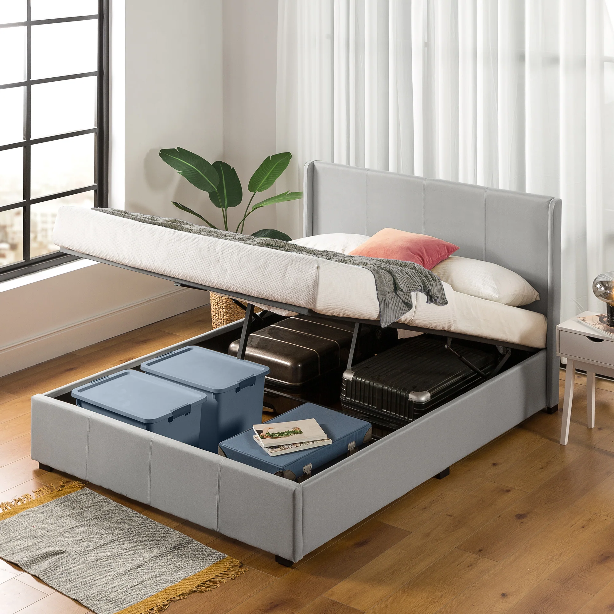 Maddon Gas Lift Fabric Bed Frame - Light Grey - Image 3