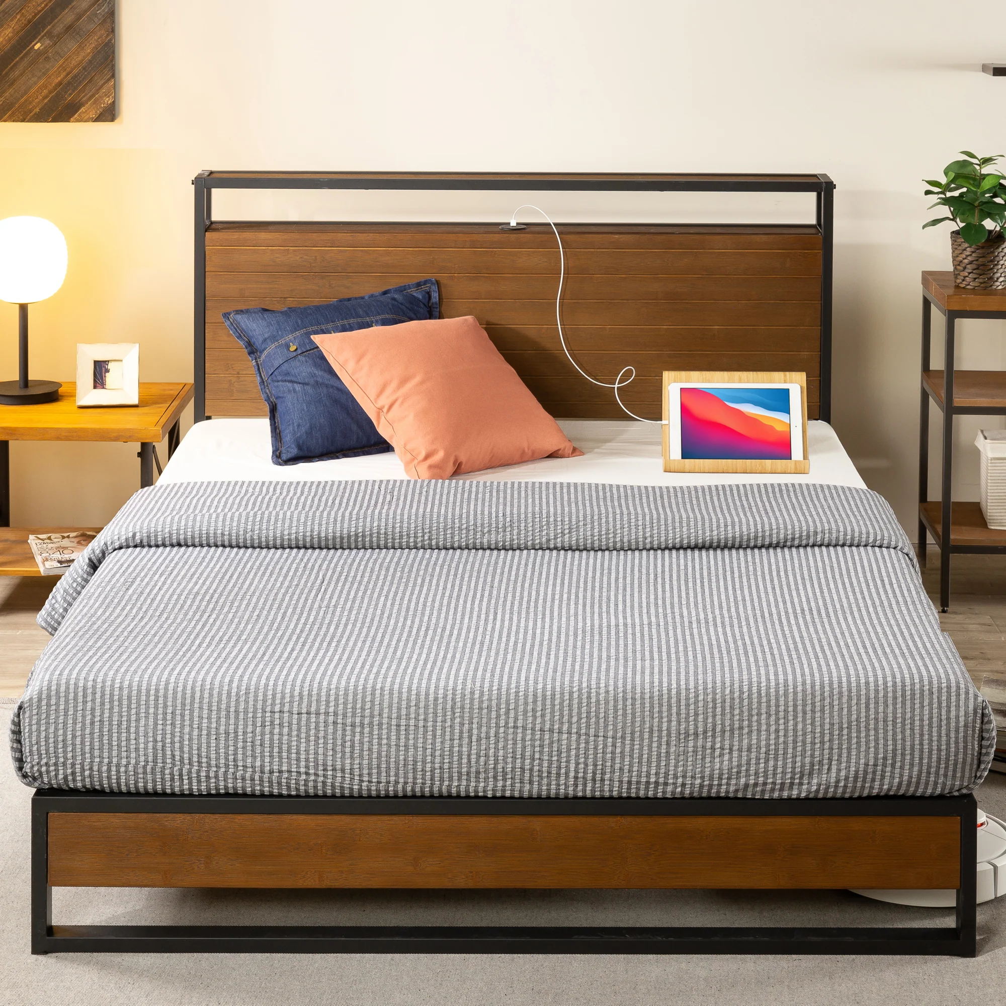 Suzanne Ironline Metal & Wood Bed Frame with USB Port and Headboard Shelf