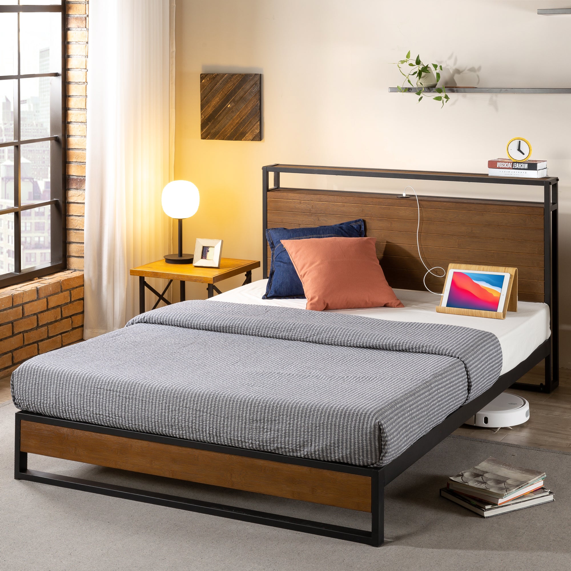 Suzanne Ironline Metal & Wood Bed Frame with USB Port and Headboard Shelf - Image 2