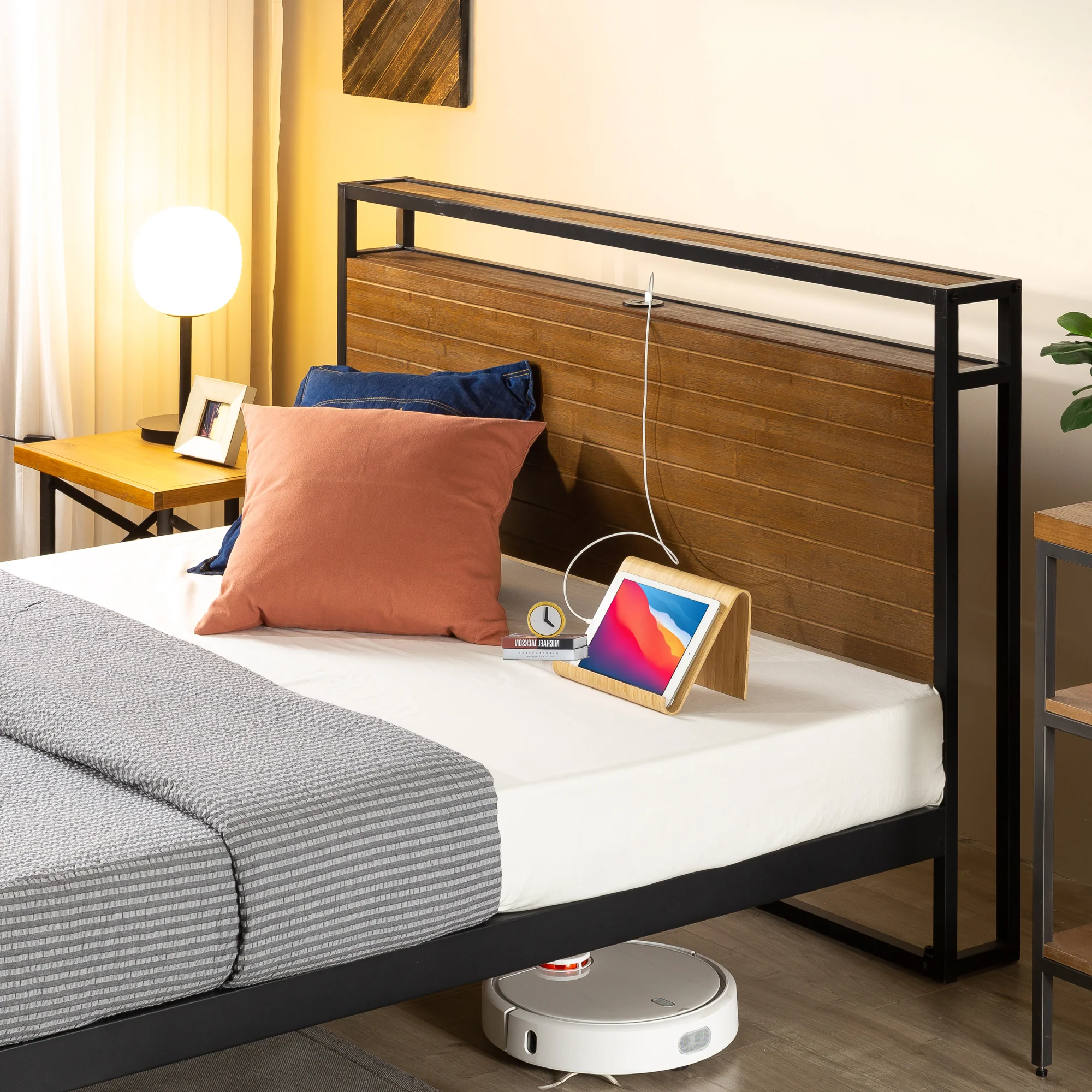 Suzanne Ironline Metal & Wood Bed Frame with USB Port and Headboard Shelf - Image 3