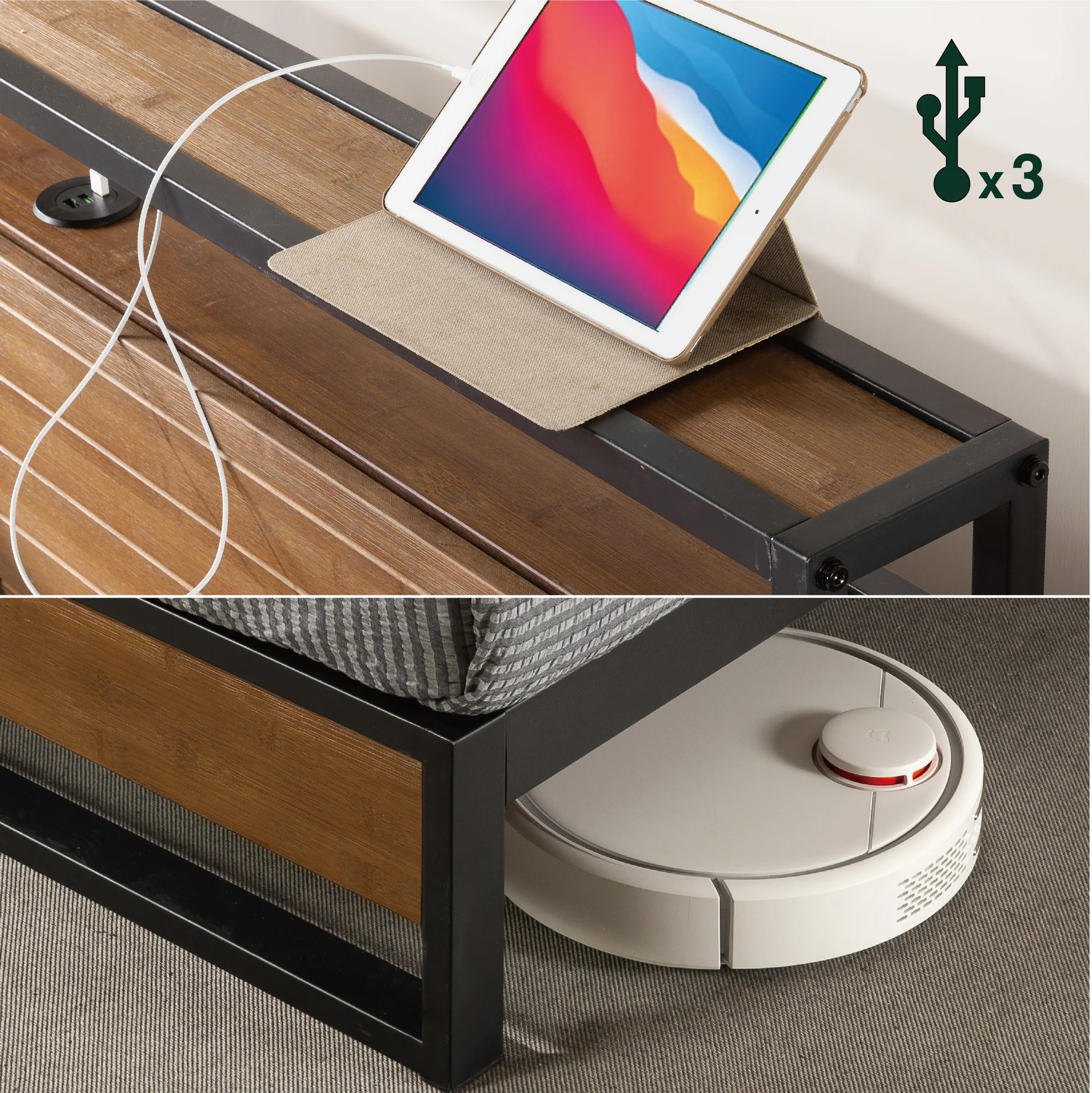 Suzanne Ironline Metal & Wood Bed Frame with USB Port and Headboard Shelf - Image 5