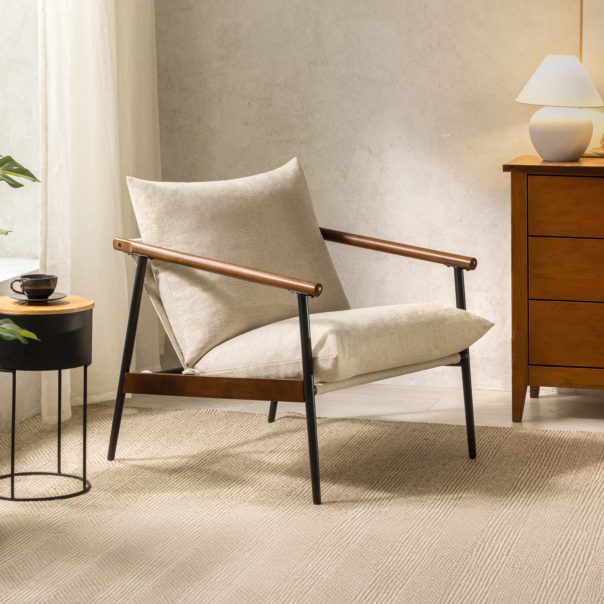 Wood and Fabric Armchair - Image 2